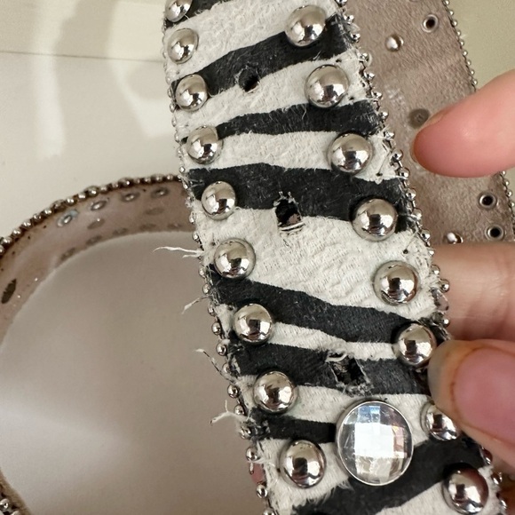 Womens Leather Belt Black White Zebra Print Bling Rhinestone cowgirl - Picture 3 of 7